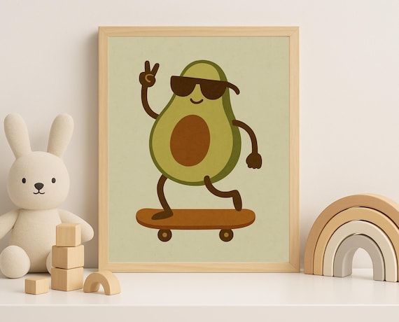 Cool Avocado Skateboard Art Print For Kids' Room