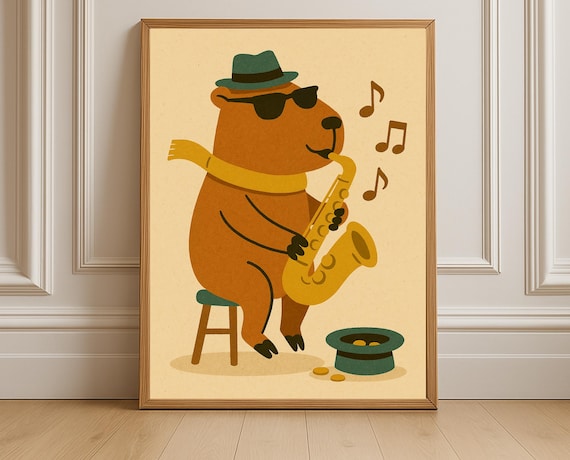 Bear Saxophonist in Fedora Busking With Tip Hat Funny Poster