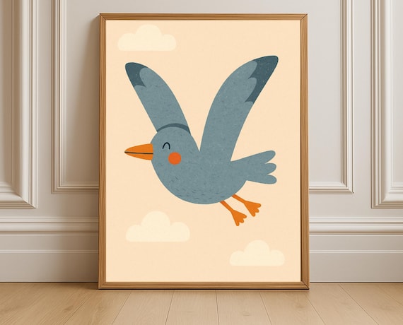 Flying Blue Bird Nursery Cloud Illustration Kids Room Poster