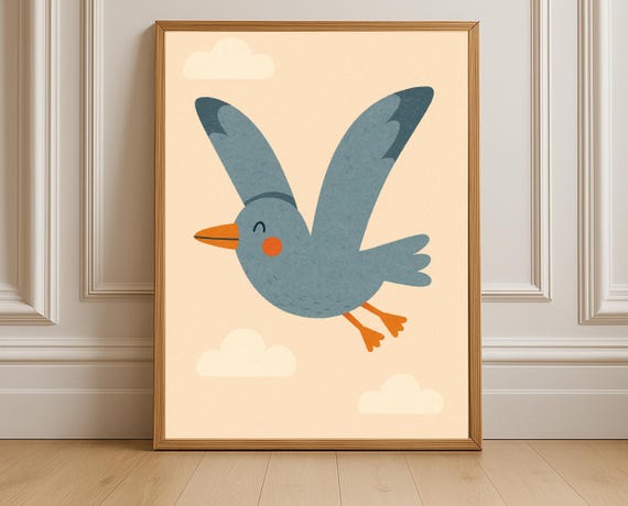 Flying Blue Bird Wall Art Nursery Print Kids Room Decor Playroom Poster With Clouds Illustration