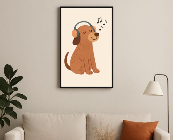 Musicloving Dog Nursery Wall Art Headphone Print Puppy Kids Room Decor