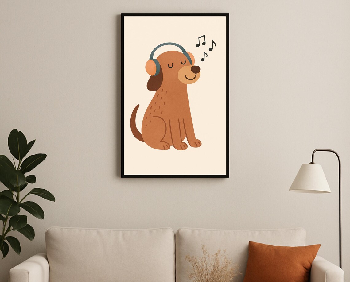 Brown Dog Wearing Headphones Listening to Music Notes Poster
