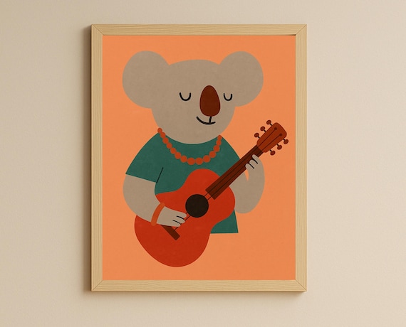 Cute Koala Playing Guitar Orange Background Kids Room Wall Art