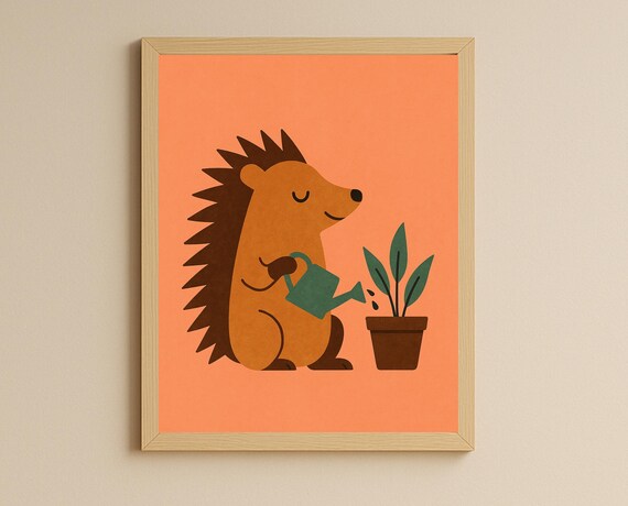 Plant Watering Hedgehog Wall Art Cute Animal Nursery Print Gardening Kids Room