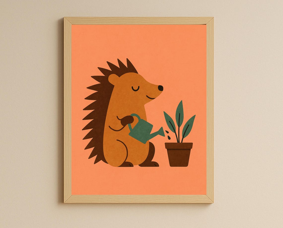 Hedgehog Watering Plants Cute Gardening Nursery Animal Poster