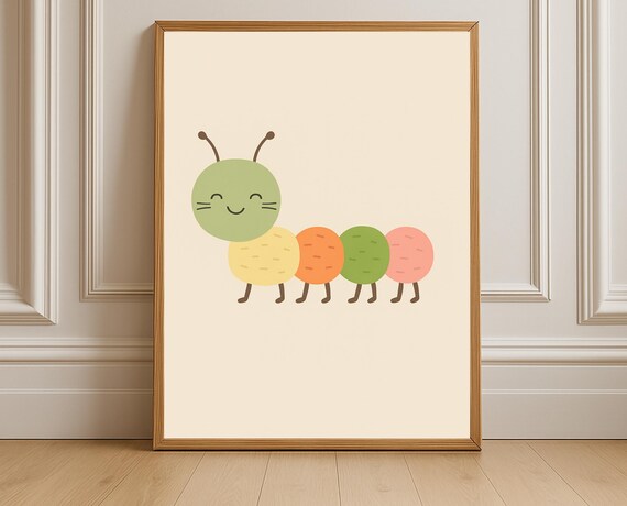 Colorful Smiling Caterpillar Pastel Segments Kids Bug Art Poster