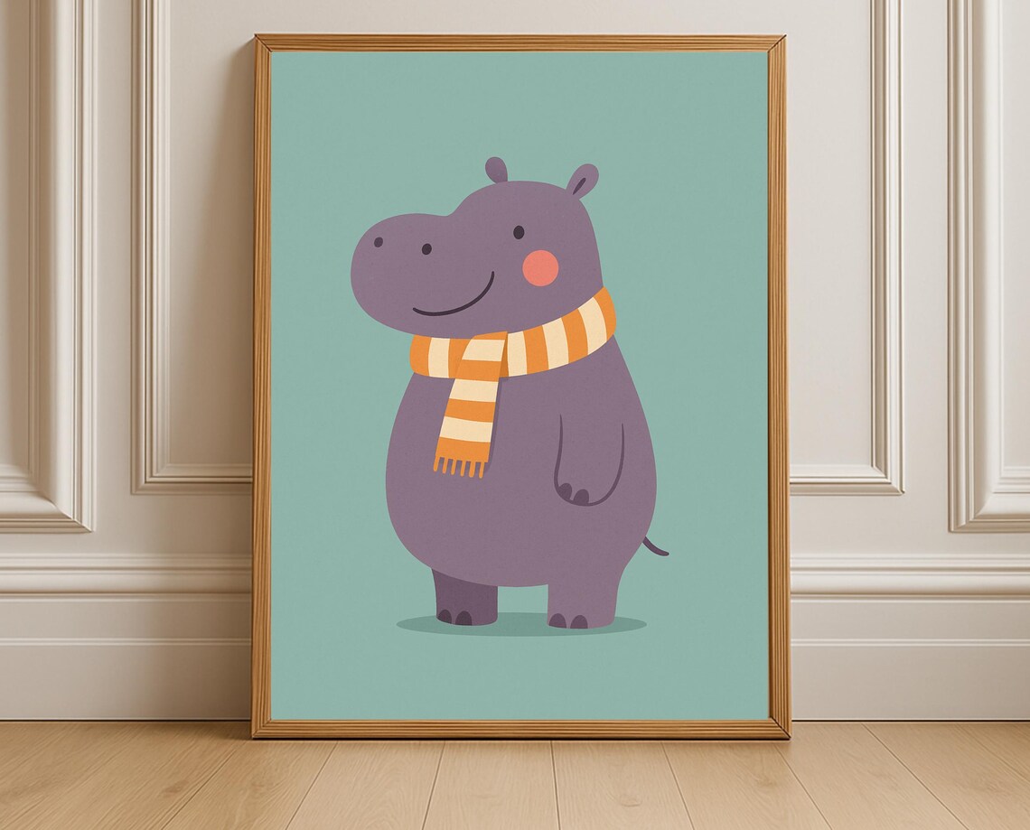 Happy Hippo Orange Striped Scarf Cute Purple Nursery Kids Animal Wall Poster