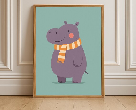Happy Hippo Orange Striped Scarf Cute Purple Nursery Kids Animal Wall Poster