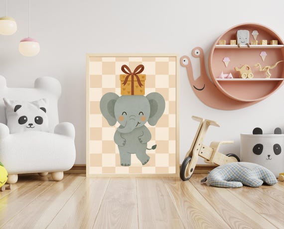 Elephant With Gift Wall Art Cute Birthday Animal For Nursery Kids Room Hobby Series