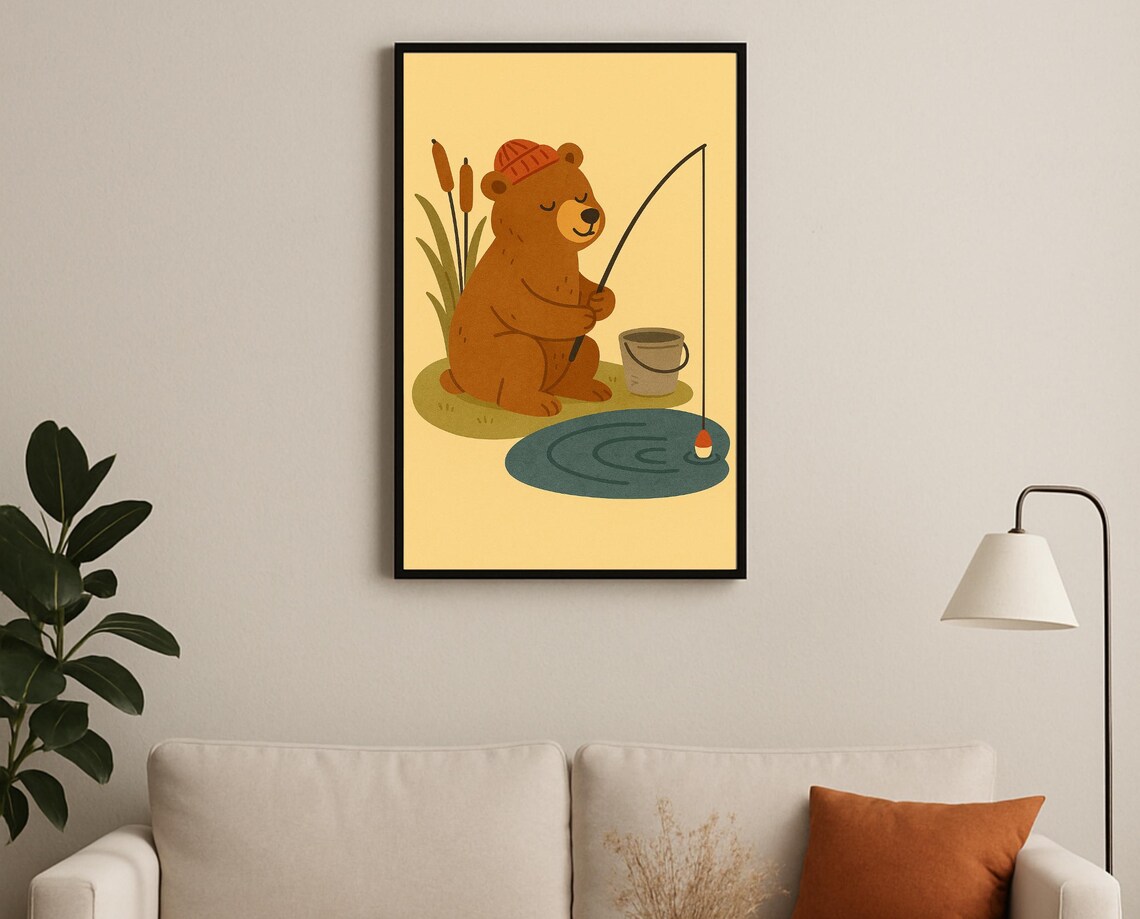 Fishing Bear in Red Beanie Waiting by the Pond Kids Room Poster
