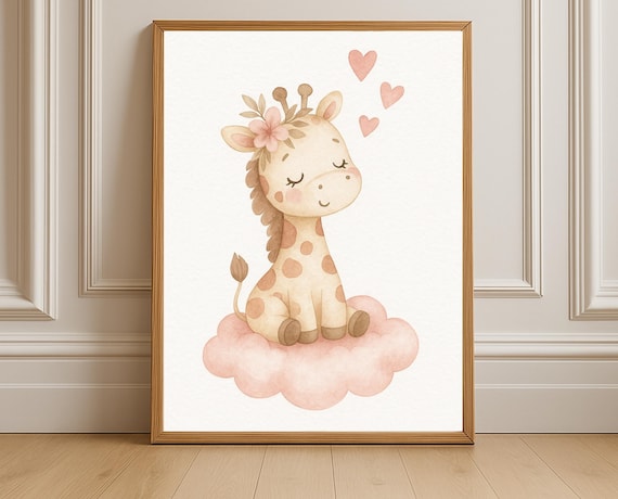 Baby Giraffe with Flower Crown on Pink Cloud Hearts Nursery Poster
