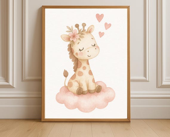 Giraffe Nursery Wall Art Pink Cloud Baby Animal Decor