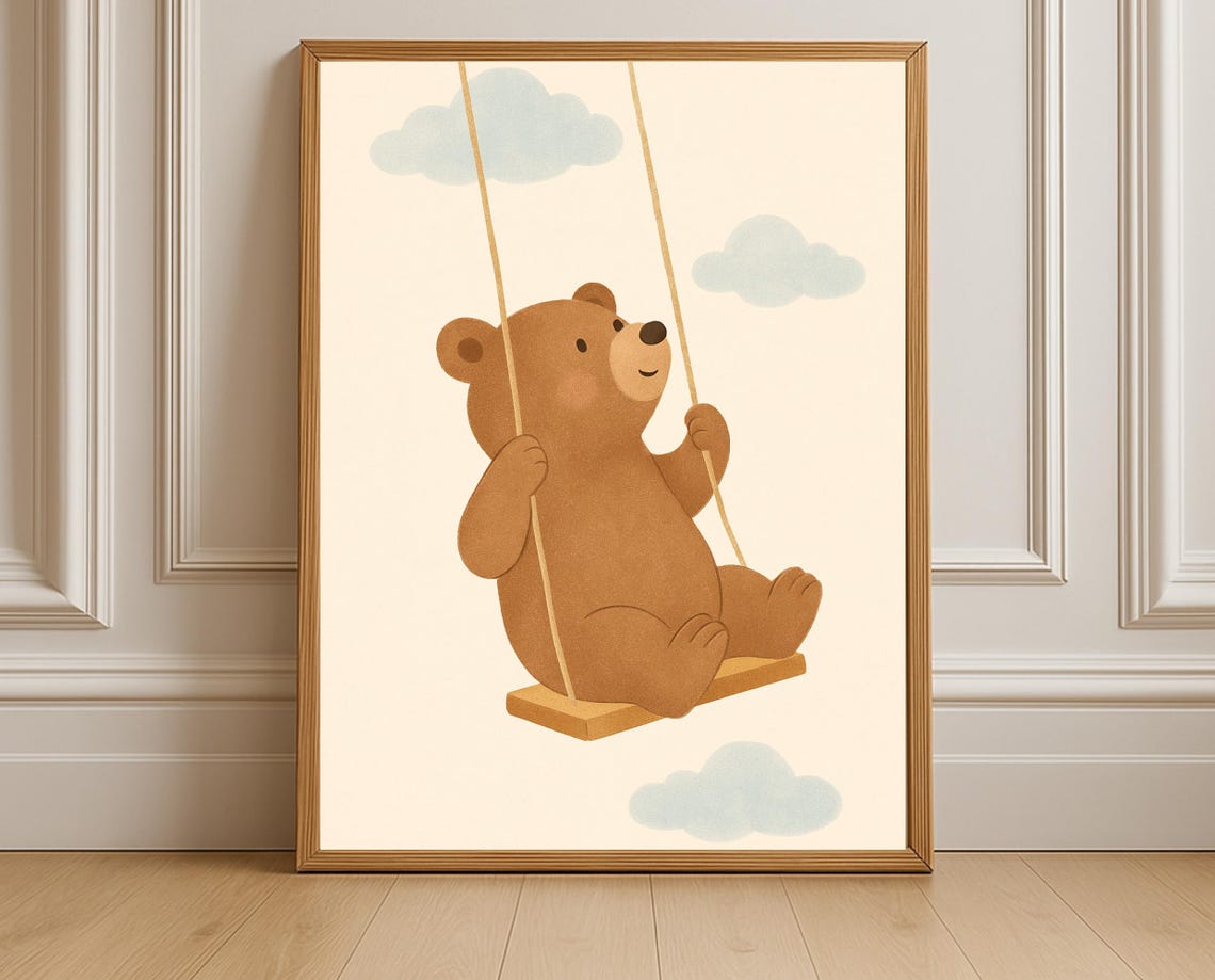 Smiling Brown Bear on Wooden Swing Cloudy Sky Nursery Poster