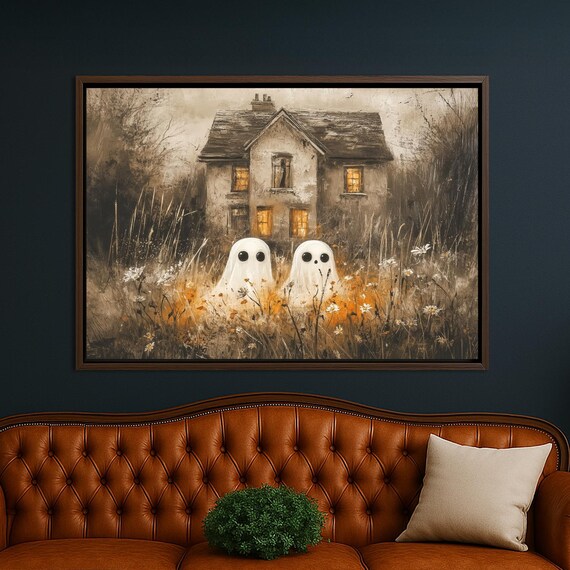 Haunted House Canvas Wall Art Spooky Ghosts In Creepy Field Halloween Decor