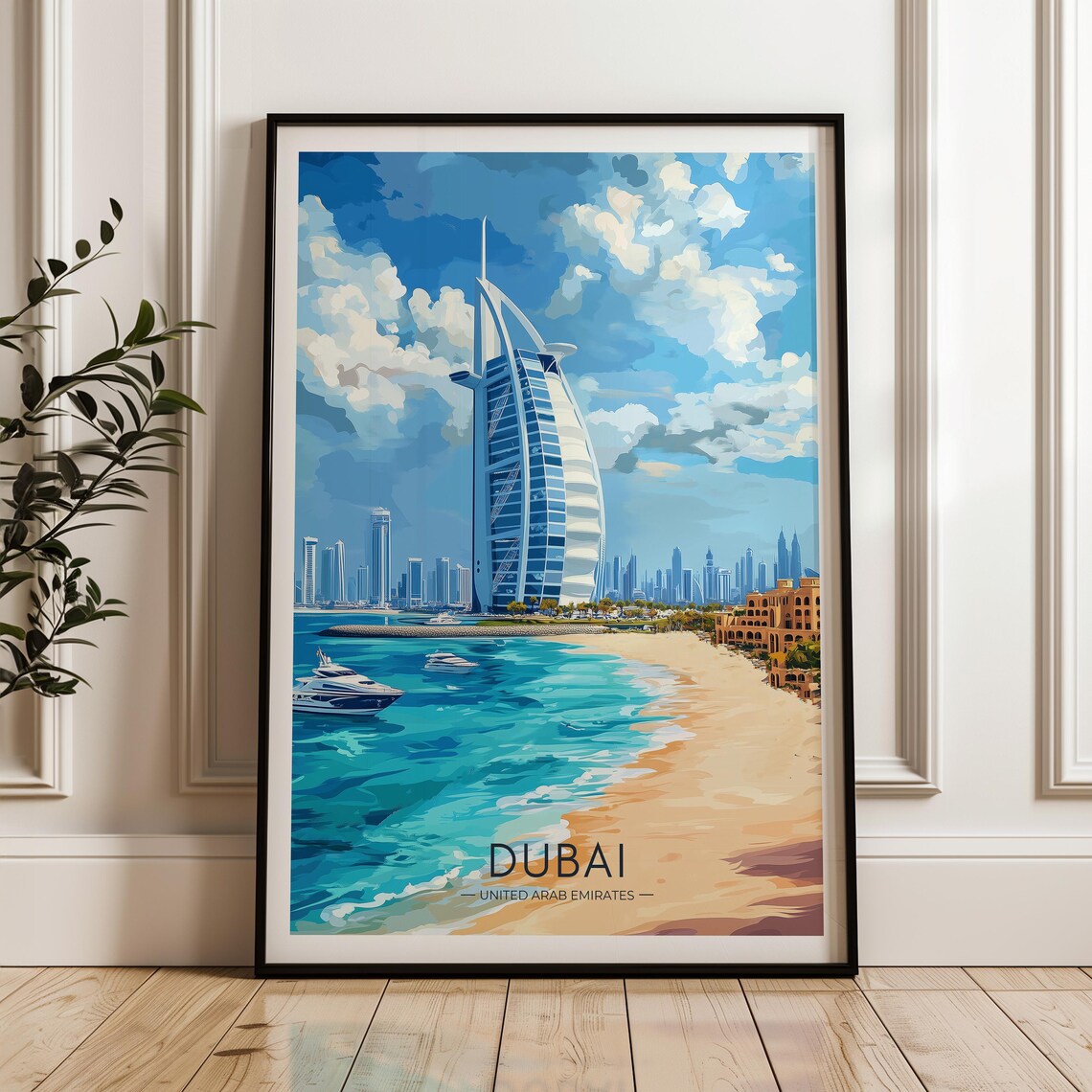 Burj Al Arab Sail Hotel by the Beach with Yachts Dubai Travel Poster
