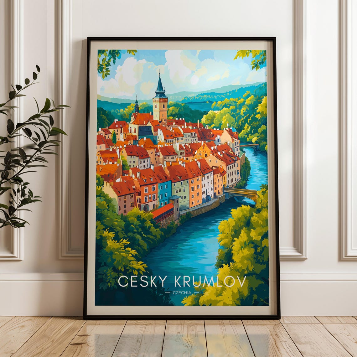 Cesky Krumlov Czechia Medieval Old Town River Bend Scene Poster