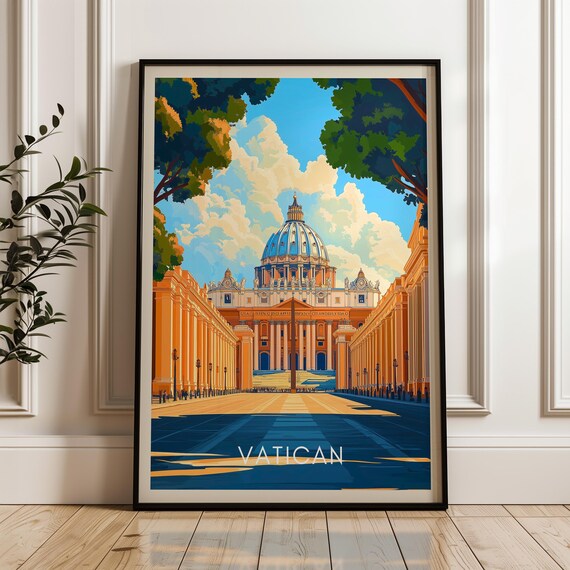 Vatican City Travel Poster St Peters Basilica Sunny Plaza Italy Scene