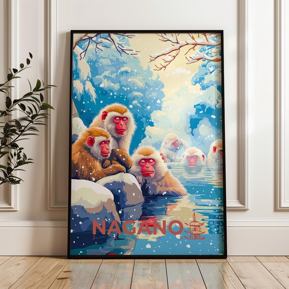 Nagano Travel Poster, Japan Macaque Illustration