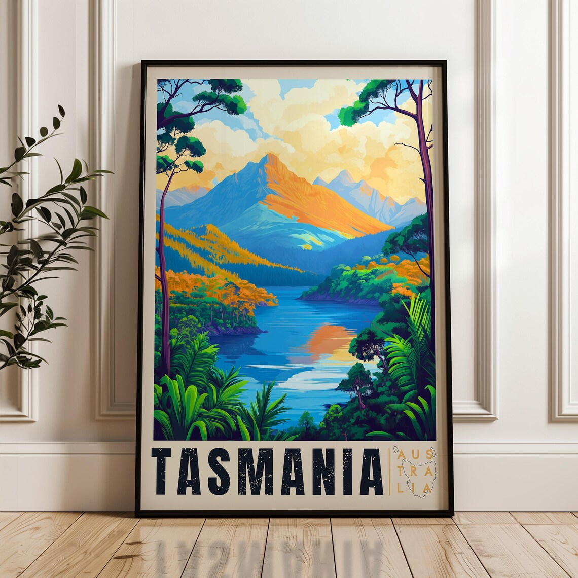 Tasmania Mountain Lake with Eucalyptus Forest Australia Travel Poster
