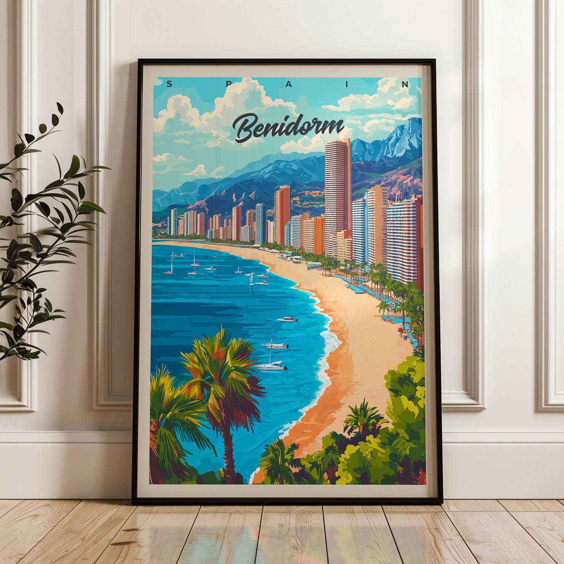 Benidorm Spain Skyline Golden Beach Palm Lined Resort Travel Poster