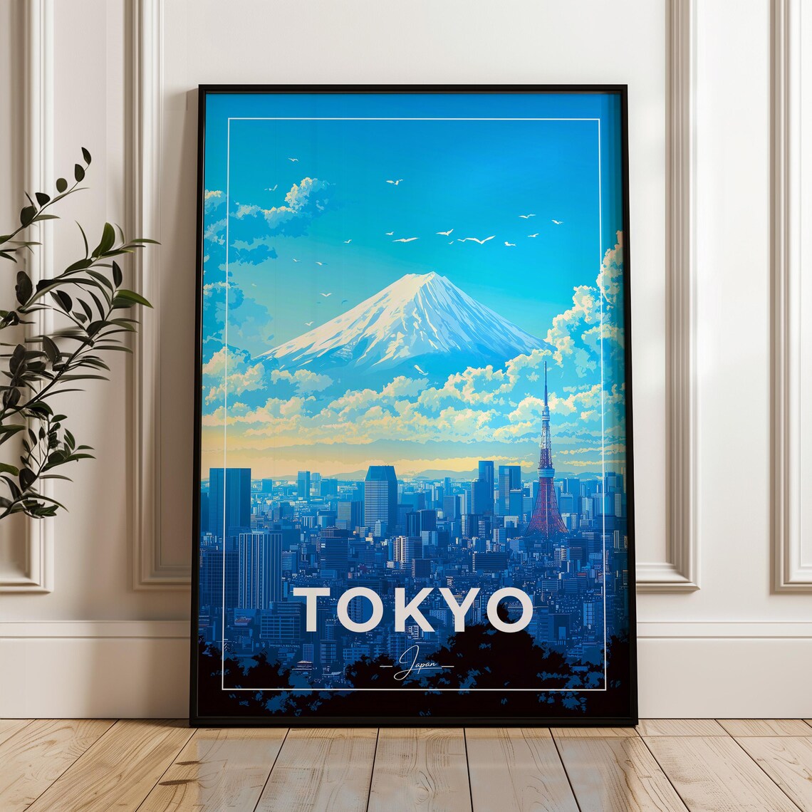 Tokyo Japan Mount Fuji City Skyline Bright Blue Sky Travel Poster