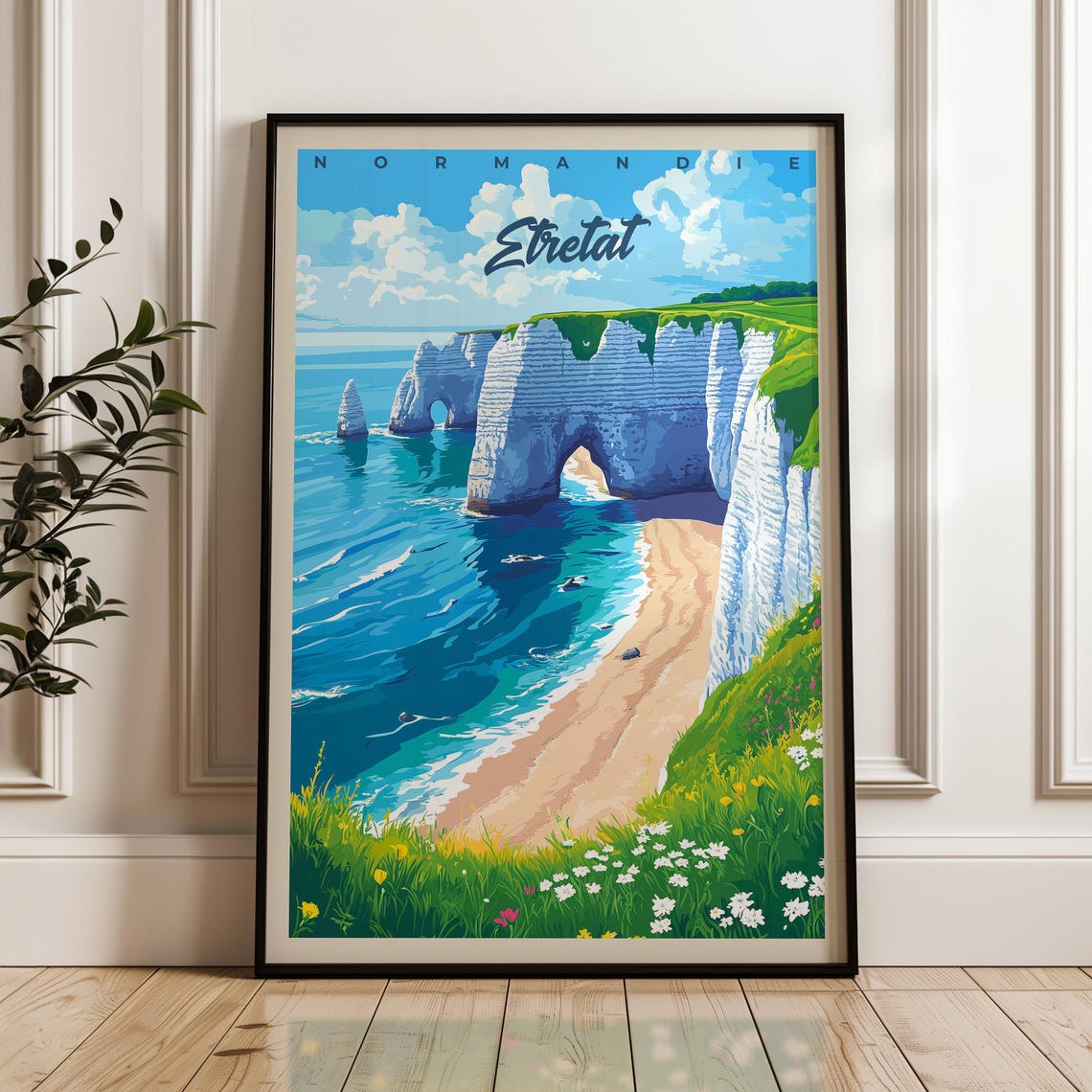 Etretat Normandie Chalk Cliffs Arch Script Title Vintage Travel Poster