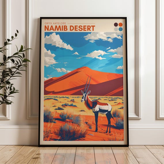 Namib Desert Travel Poster, Oryx Antelope Illustration