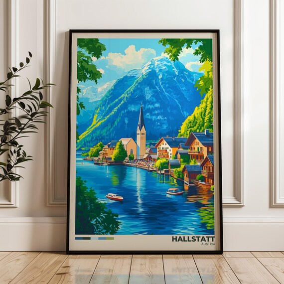 Hallstatt Austria Travel Poster Mountain Lake Illustration Art
