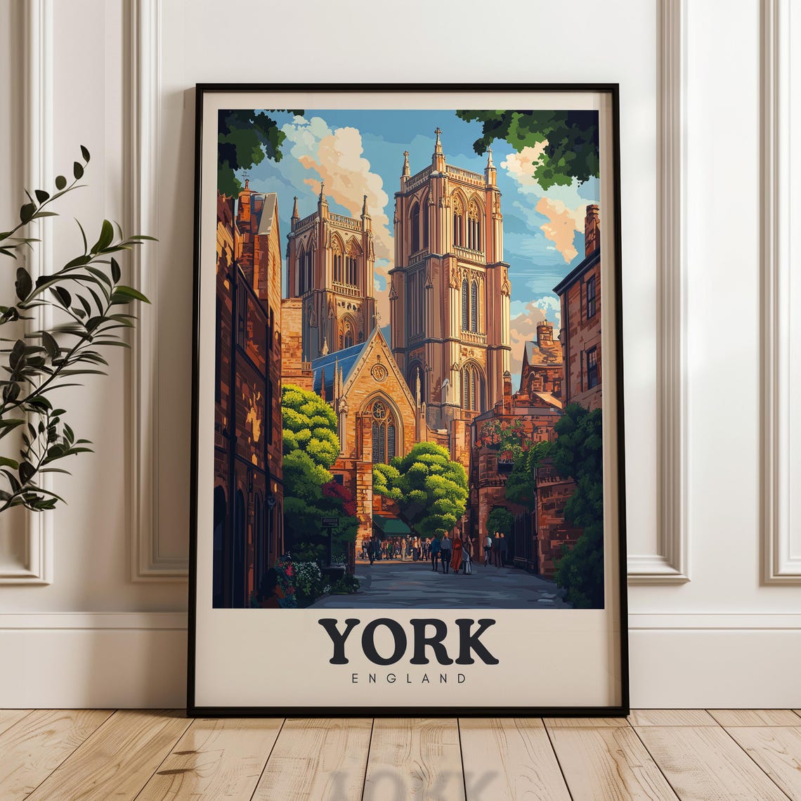 York England Minster Cathedral Bustling Street Vintage Travel Poster