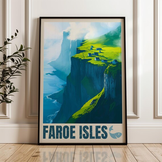 Faroe Islands Travel Poster, Europe Hiking Illustration