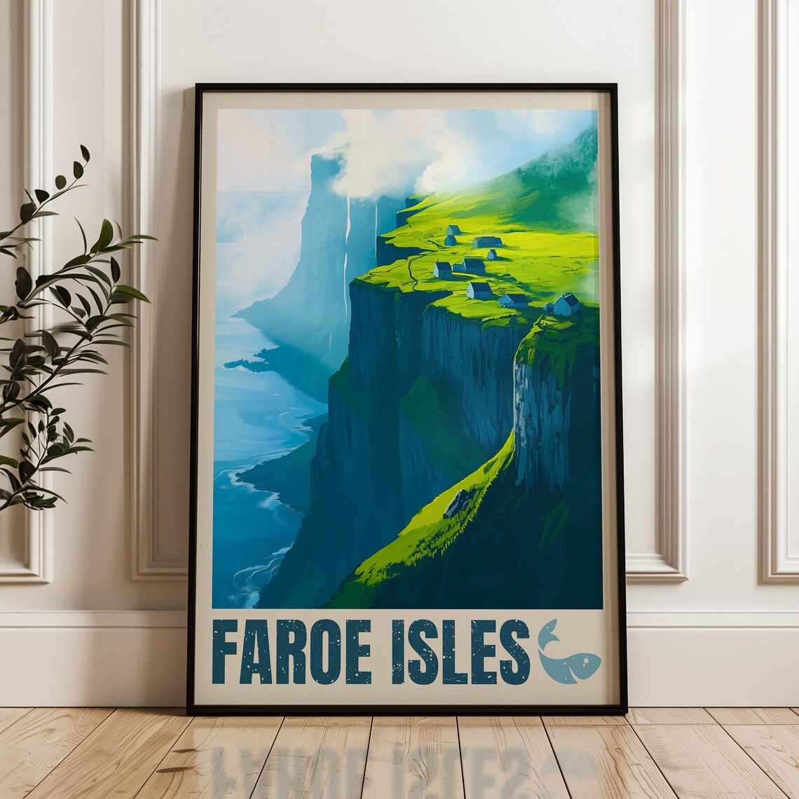 Faroe Islands Travel Poster, Europe Hiking Illustration