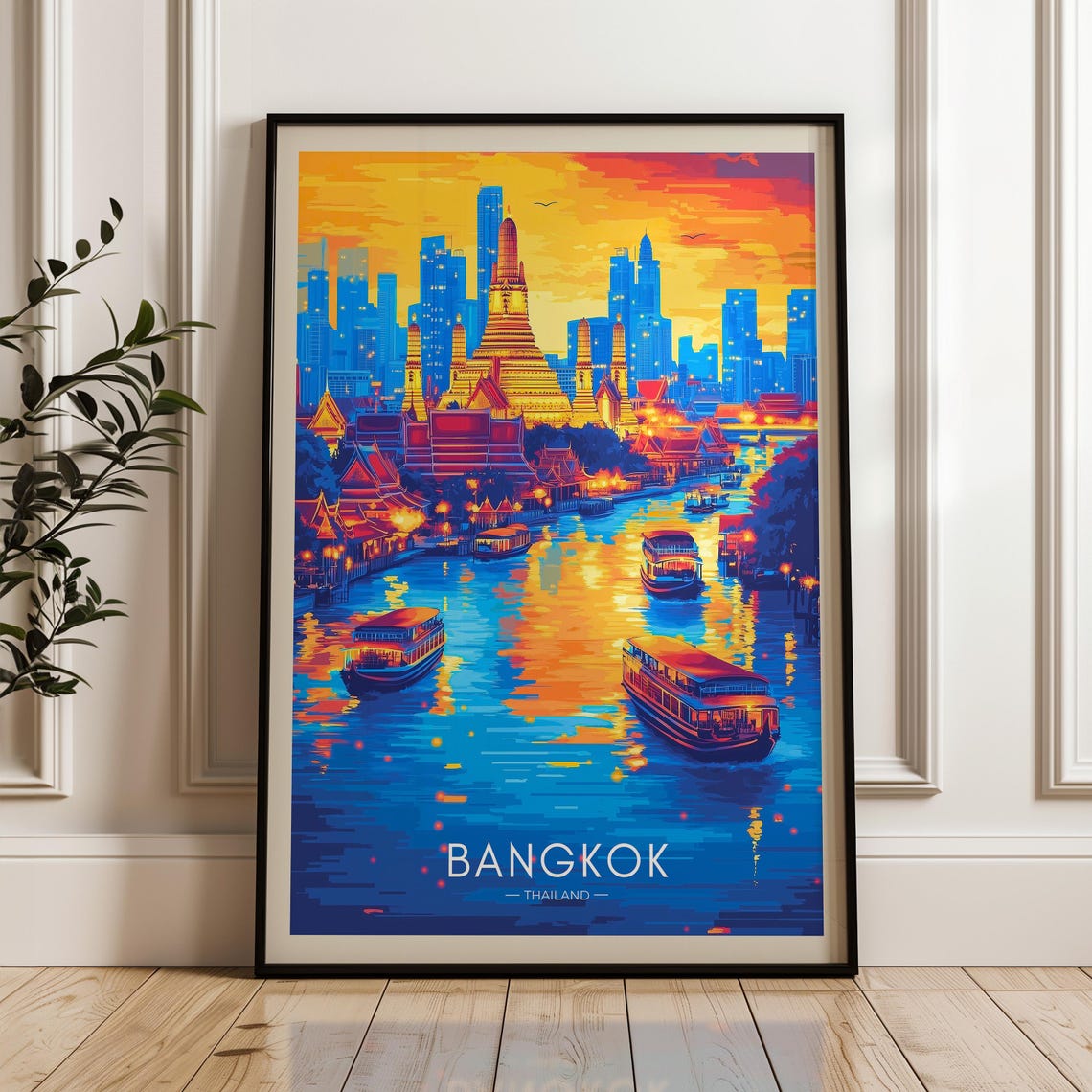 Bangkok Wat Arun Temple And River Boats At Sunset Travel Poster