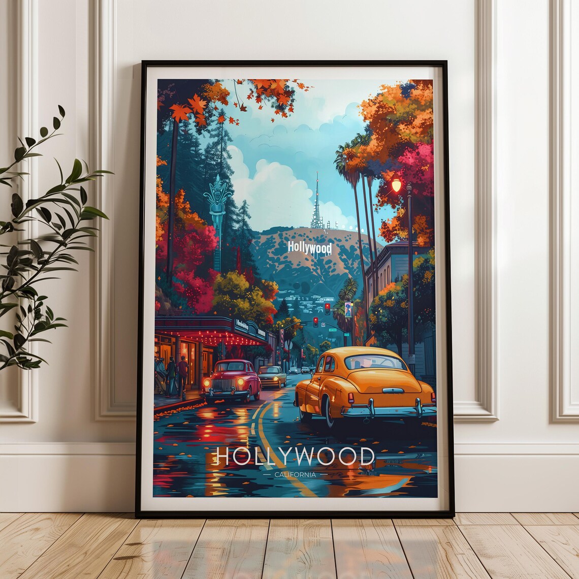 Hollywood California Rainy Night Classic Cars Retro Travel Poster