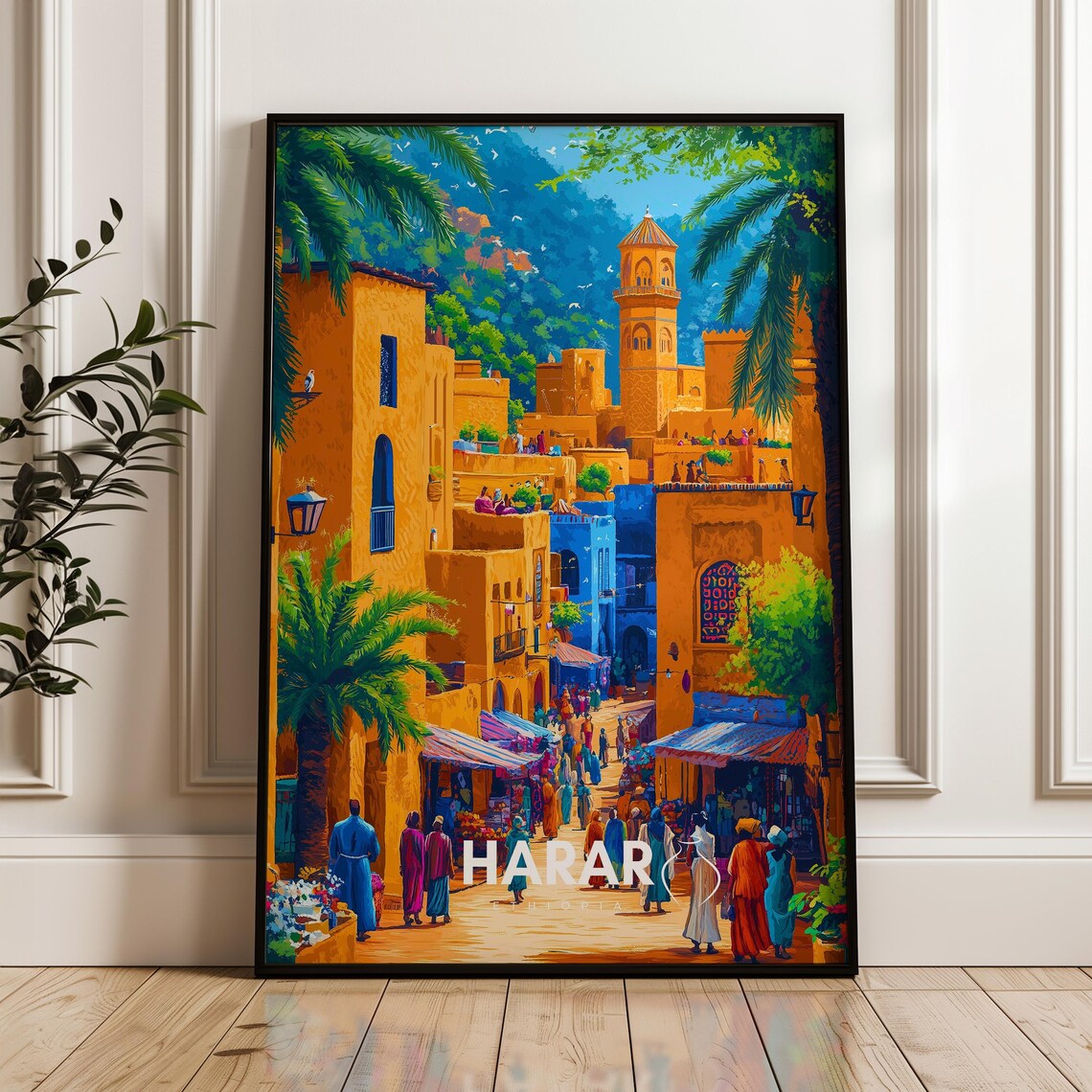 Harar Ethiopia Travel Poster Vibrant Old Town Market Street Illustration