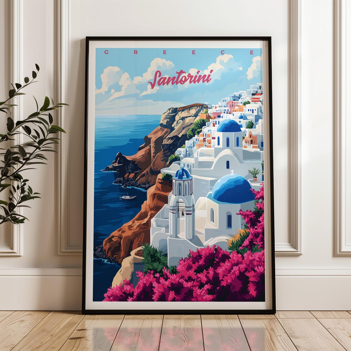 Santorini Greece White Village Blue Dome Cliffside Travel Poster