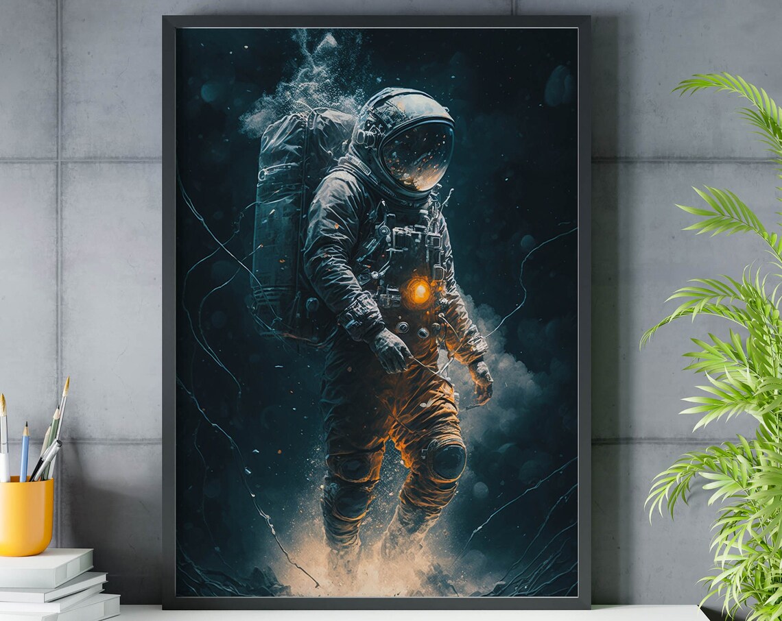 Astronaut Floating in Dark Space Glowing Chest Light Teal Art Poster