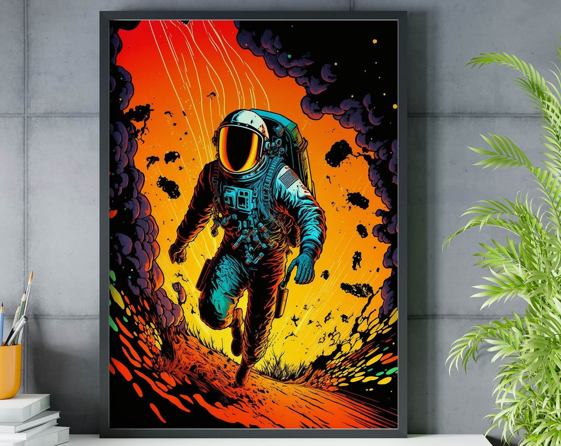 Inferno Retro Astronaut Fire Sky Comic Pop Art Adventure Poster
