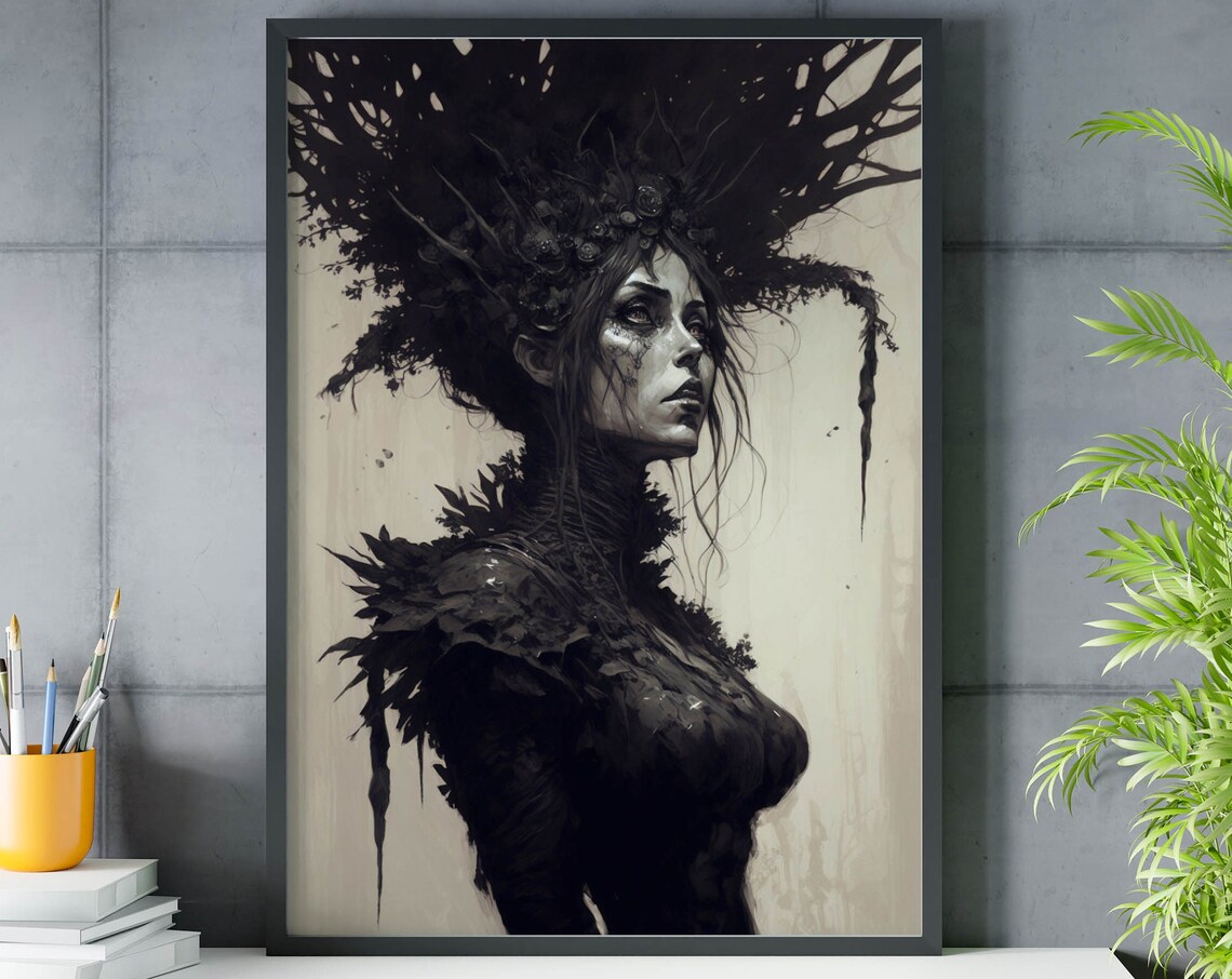Haunting Dark Forest Queen Branch Crown Ink Portrait Wall Art