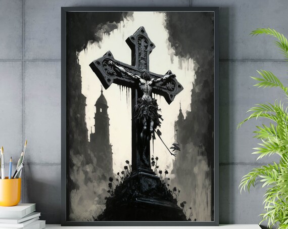 Ink Christ Crucifix Gothic Stone Cross Dark Religious Art Print