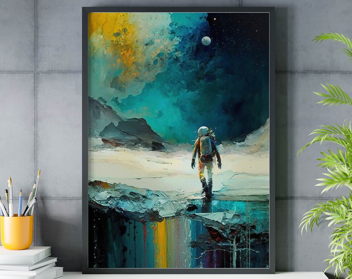 Astronaut Walking Icy Cliff Edge Poster Colorful Reflection Sky Art