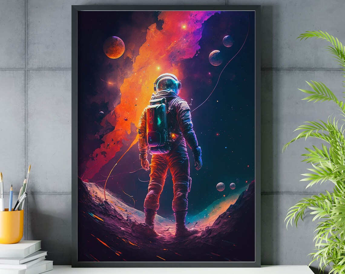 Astronaut on Planet Ridge Orange Nebula Floating Moons Art Poster