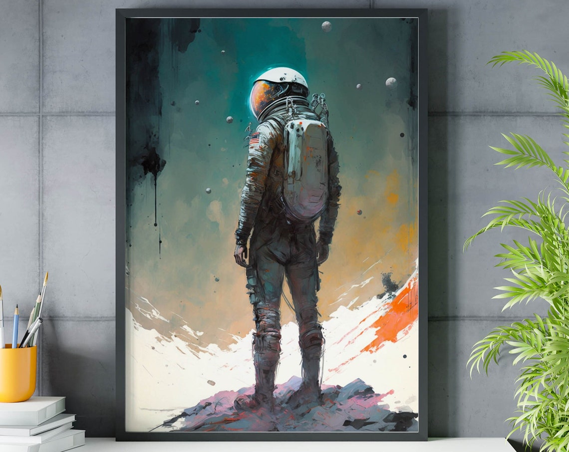 Painterly Astronaut Moon Surface Walk Muted Teal Space Art Poster