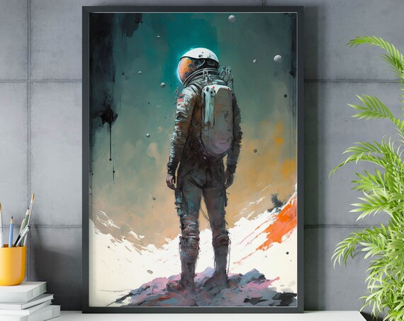 Painterly Astronaut Moon Surface Walk Muted Teal Space Art Poster