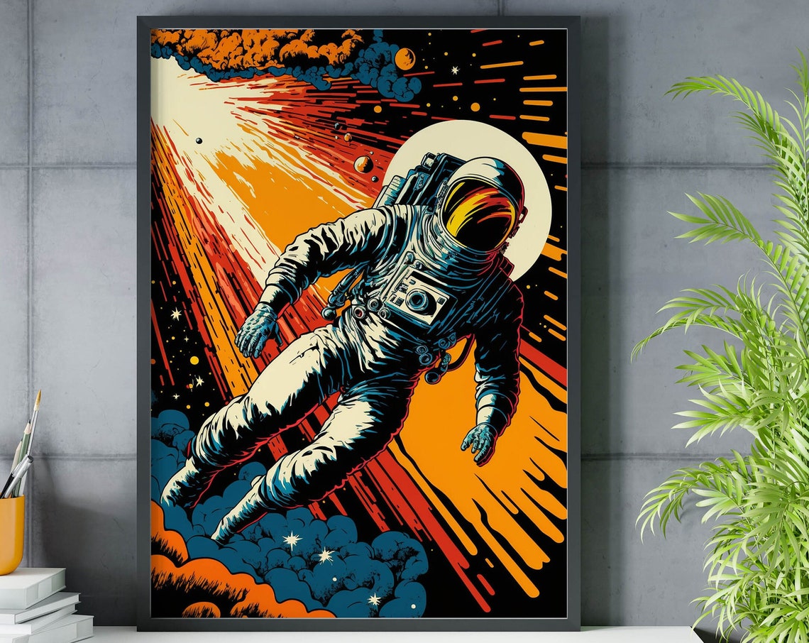 Bold Retro Astronaut Sunburst Speed Comic Space Adventure Poster