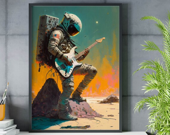 Astronaut Playing Electric Guitar Poster Cosmic Rock Concert Artwork