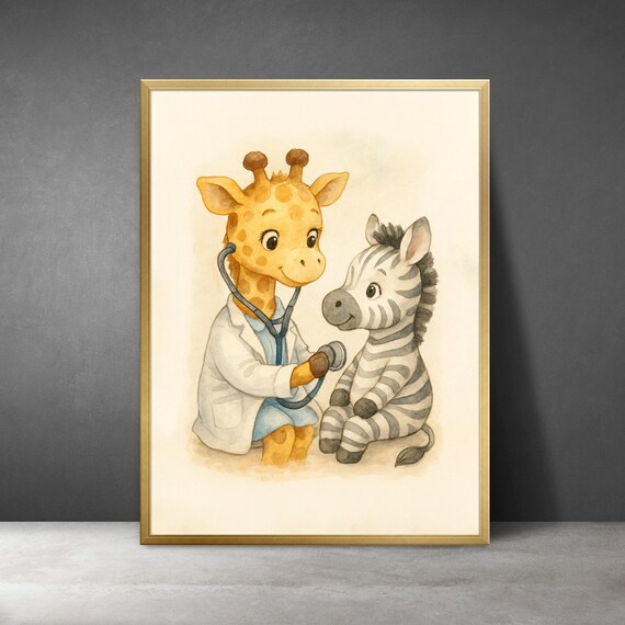 Giraffe Doctor Examining Zebra Patient Cute Safari Nursery Art Poster