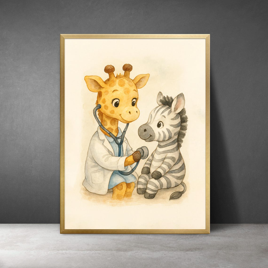 Giraffe Doctor Examining Zebra Patient Cute Safari Nursery Art Poster