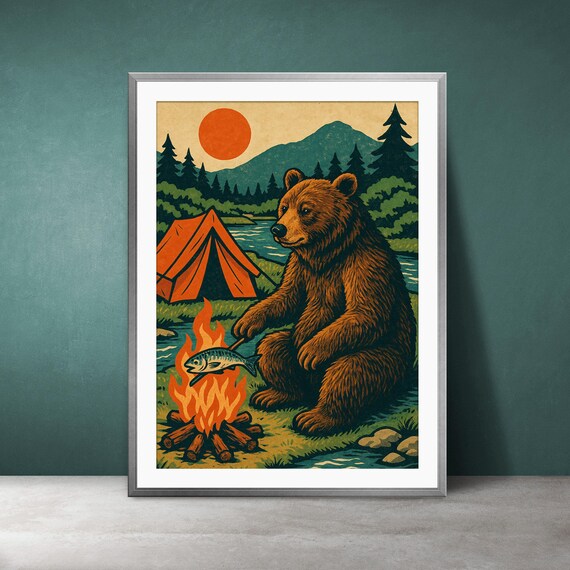 Grizzly Bear By The Campfire Vintage Camping Lodge Cabin Poster