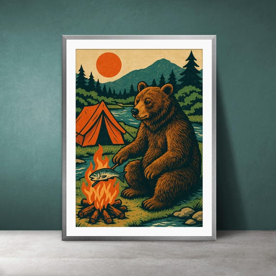 Grizzly By The Campfire Vintage Camping Poster Lodge Cabin Decor Outdoors Art