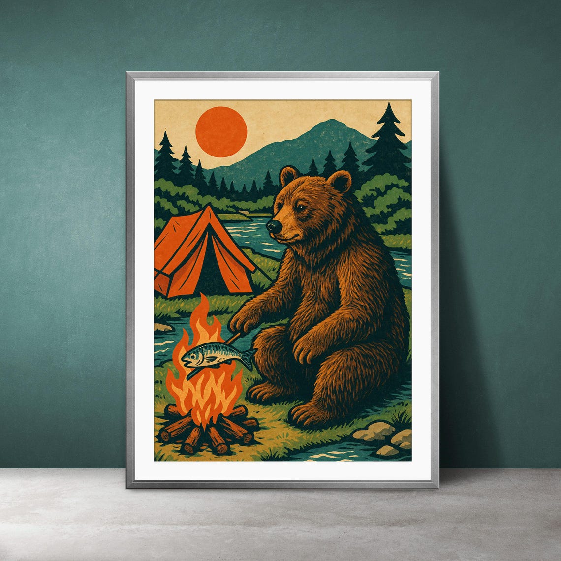 Grizzly By The Campfire Vintage Camping Poster Lodge Cabin Decor Outdoors Art